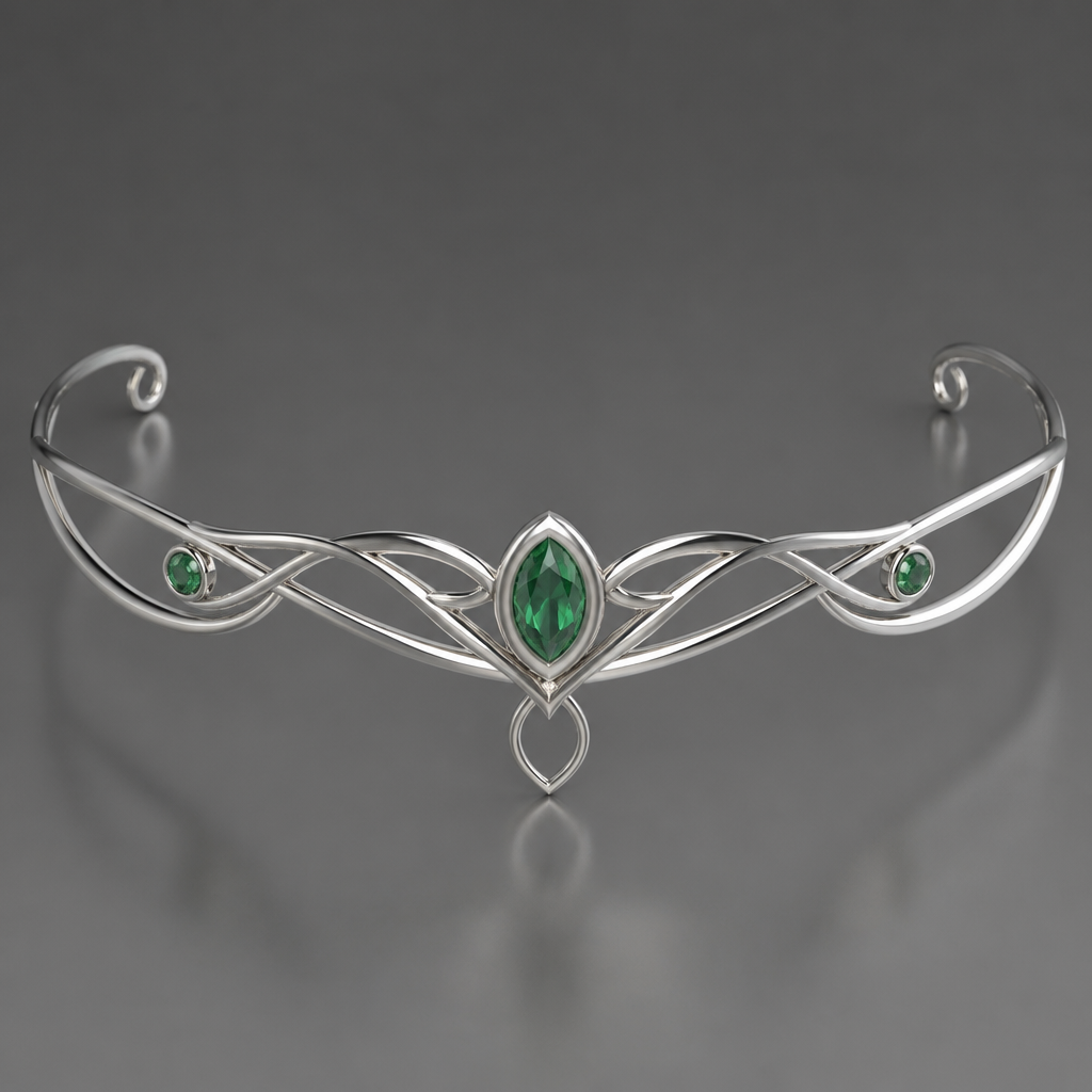 A women's tiara made of silver with emerald stones, minimalist, simple and delicate, clean lines. tiara elegante sencilla de plata con esmeraldas tipo elfo y con simbología de elemento energético Celta
photorealistic jewelry design, A women's tiara made of silver with emerald stones, minimalist, simple and delicate, clean lines. tiara elegante sencilla de plata con esmeraldas tipo elfo y con simbología de elemento energético Celta, modern style, just the design no text