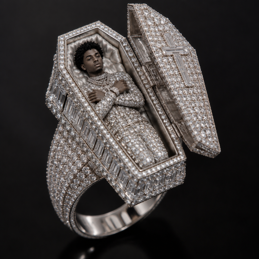 A women's ring. : regular-size luxury iced-out white gold casket pendant, fully covered in diamonds, opening lid, realistic NBA YoungBoy likeness inside, detailed
photorealistic jewelry design, A women's ring. : regular-size luxury iced-out white gold casket pendant, fully covered in diamonds, opening lid, realistic NBA YoungBoy likeness inside, detailed, modern style, just the design no text