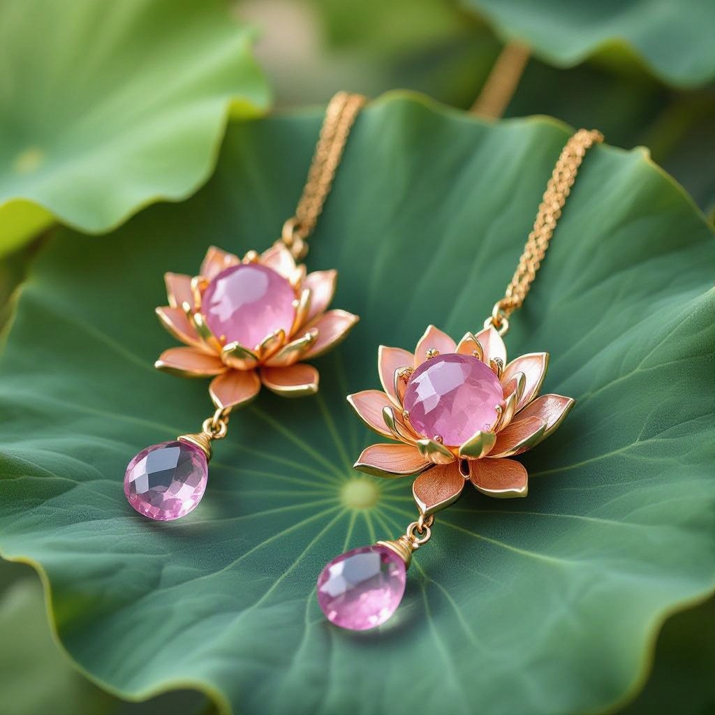 Светлое матовое золото. Серьги с лотосом на длинных цепочках. По центру лотоса камень необрабаботанного розового кварца, от лотоса идет цепочка с еще одним камнем кварца на конце. Серьги тонкие и легкие