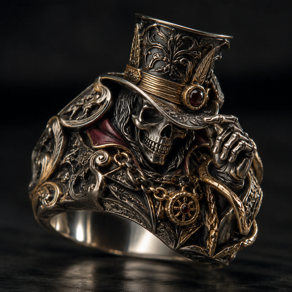 A gothic men's ring made of mixed metal suitable for formal. a reaper with a mix of the madhatter style
photorealistic jewelry design, A gothic men's ring made of mixed metal suitable for formal. a reaper with a mix of the madhatter style, gothic style, just the design no text