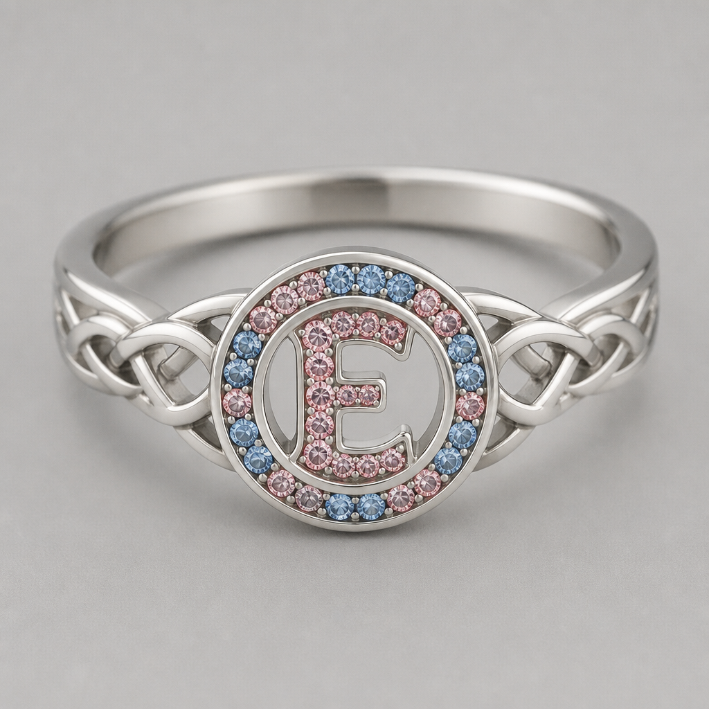 A celtic women's ring, ultra-minimalist, very simple and clean, understated, no embellishments. anel de 15 anos com inicial E com pedras rosa dentro com azul e rosa em volta
photorealistic jewelry design, A celtic women's ring, ultra-minimalist, very simple and clean, understated, no embellishments. anel de 15 anos com inicial E com pedras rosa dentro com azul e rosa em volta, celtic style, just the design no text