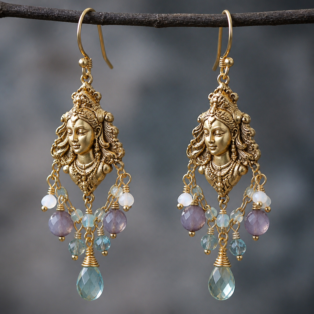 A mythological women's earrings suitable for daily wear. beautiful bead, crystal bead and wire earrings
photorealistic jewelry design, A mythological women's earrings suitable for daily wear. beautiful bead, crystal bead and wire earrings, mythological style, just the design no text