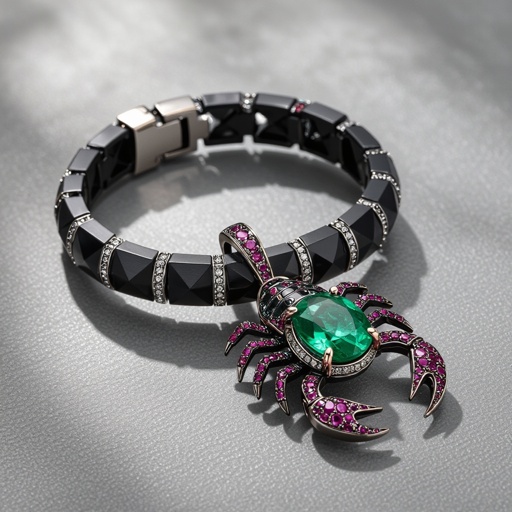 Bracelet of Creating completed set of Geomatric scorpion pendant of white and bkack and rubies diamonds gold accents for contrast. Incorporate a single, oval-cut gemstone-perhaps a striking emerald-set at an unconventional angle, creating a bold focal point that exudes contemporary elegance and sophistication. Envision a striking geometric scorpion pendant, intricately crafted with sharp angles in a combination of matte black and lustrous white metals. Accentuated with glittering ruby diamonds, the design features a single oval-cut emerald, expertly set at a daring tilt. This captivating piece marries edgy modernity with timeless elegance, perfect for bold fashion statements.The diamond is elegantly set in a sleek, minimalist rose gold frame that accentuates its brilliance. The modern aesthetic is enhanced with clean lines and asymmetry, making it a striking statement piece for the avant-garde wearer.
