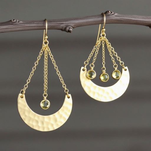 Золотые серьги словно мятое золото в форме узкого изящного полумесяца. Верхушка полумесяца крепится к застежке серьги.  От полумесяца идет три цепочки, у каждой на конце мелкий камушек цитрин