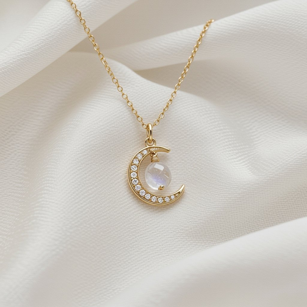 Луна полумесяцем с мелкими камушками и маленький в виде кристала лунный камень подвеска