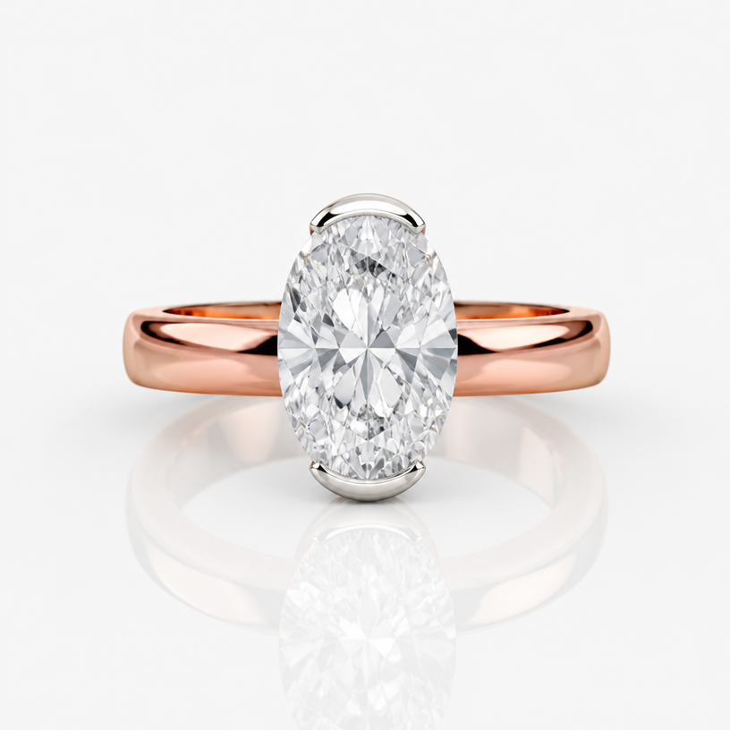 A women's ring. 10ct oval diamond 16mmx11mm
platinum basket
4mm 10k rose gold band
comfort style
euro shank
using the attached image as a visual reference, create A women's ring. 10ct oval diamond 16mmx11mm
platinum basket
4mm 10k rose gold band
comfort style
euro shank. photorealistic, just the design no text