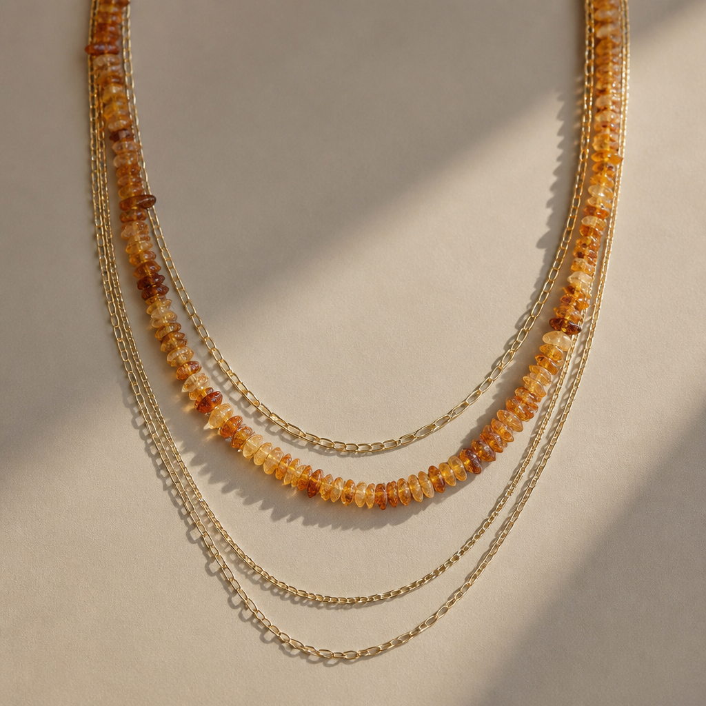A women's necklace. колье из двух ниток бус из необработанного янтаря, кусочки не больше 0,5 см, бусы разной длины. добавить золотые цепочки разной длины. сделать изящно: сочетание гркбости янтаря и изысканности металла
photorealistic jewelry design, A women's necklace. колье из двух ниток бус из необработанного янтаря, кусочки не больше 0,5 см, бусы разной длины. добавить золотые цепочки разной длины. сделать изящно: сочетание гркбости янтаря и изысканности металла, modern style, just the design no text