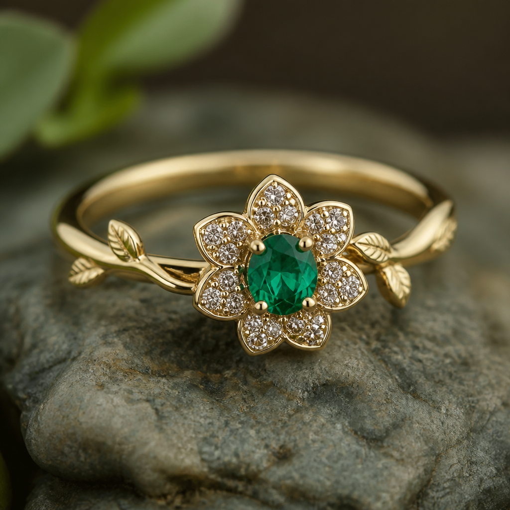 Gold band. Flower centerpiece with an emerald stone and diamond petals.
photorealistic jewelry design, Gold band. Flower centerpiece with an emerald stone and diamond petals. , nature_inspired style, just the design no text