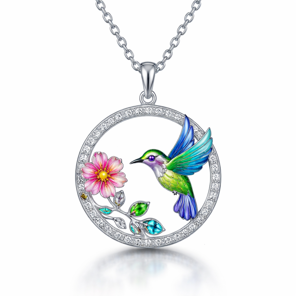 Panajachel Hummingbird Pendant Necklace for Women Small Circle Hummingbird Necklace with Flower with stones