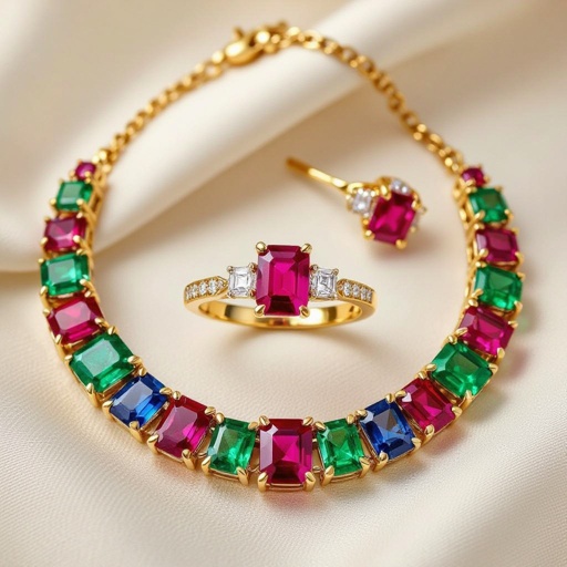 Necklace and ring and earring with luxury colorful jewel with gold