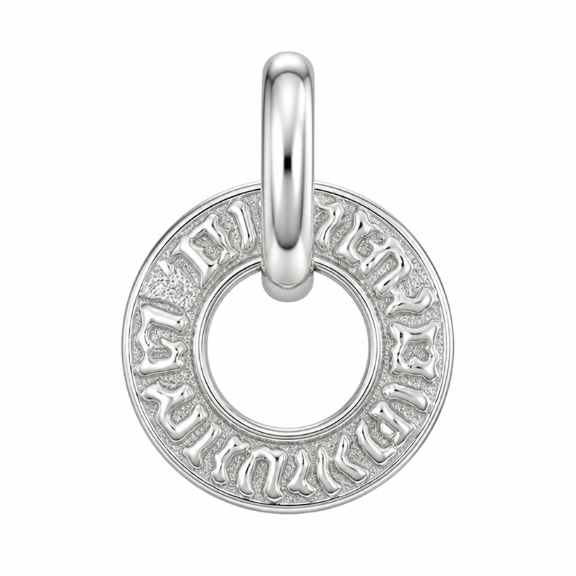 A women's pendant made of white gold. 9k circle pendant with raised engraving. 20mm in diameter
using the attached image as a visual reference, create A women's pendant made of white gold. 9k circle pendant with raised engraving. 20mm in diameter. photorealistic, just the design no text