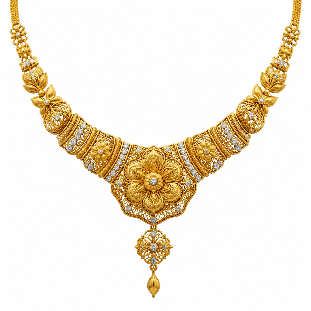 "Create an ultra-luxury pure 22K gold necklace for a young woman. The design should be elegant, modern, and premium, featuring intricate floral and geometric carvings, delicate filigree work, and subtle diamond accents. The necklace should have a graceful layered structure with a beautifully detailed centerpiece, blending royal Indian heritage with contemporary luxury aesthetics. Include fine handcrafted details, smooth polished gold surfaces, and exquisite craftsmanship. The necklace should exude sophistication, exclusivity, and timeless beauty. Professional jewelry product photography, realistic 22K gold texture, high-end showroom quality, white background, soft studio lighting, ultra-realistic 4K rendering, luxury designer jewelry collection."
photorealistic jewelry design,
"Create an ultra-luxury pure 22K gold necklace for a young woman. The design should be elegant, modern, and premium, featuring intricate floral and geometric carvings, delicate filigree work, and subtle diamond accents. The necklace should have a graceful layered structure with a beautifully detailed centerpiece, blending royal Indian heritage with contemporary luxury aesthetics. Include fine handcrafted details, smooth polished gold surfaces, and exquisite craftsmanship. The necklace should exude sophistication, exclusivity, and timeless beauty. Professional jewelry product photography, realistic 22K gold texture, high-end showroom quality, white background, soft studio lighting, ultra-realistic 4K rendering, luxury designer jewelry collection."
, byzantine style, just the design no text