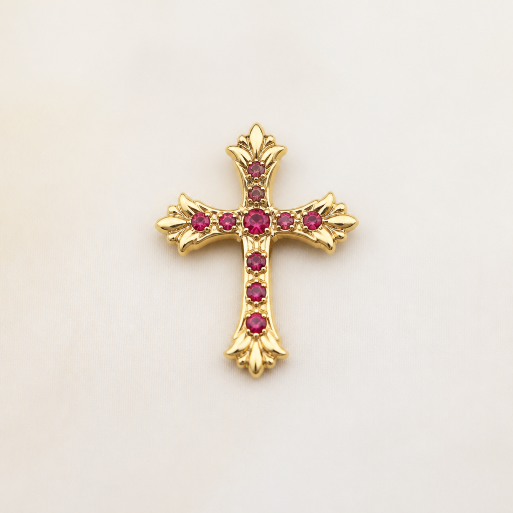 Dainty and feminine Gold cross with rubies, majority gold . Hidden bail
photorealistic jewelry design, Dainty and feminine Gold cross with rubies, majority gold . Hidden bail, bespoke style, just the design no text