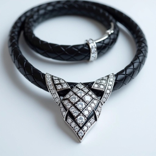 Necklace of geometric snake leather with diamonds of architecture shapes