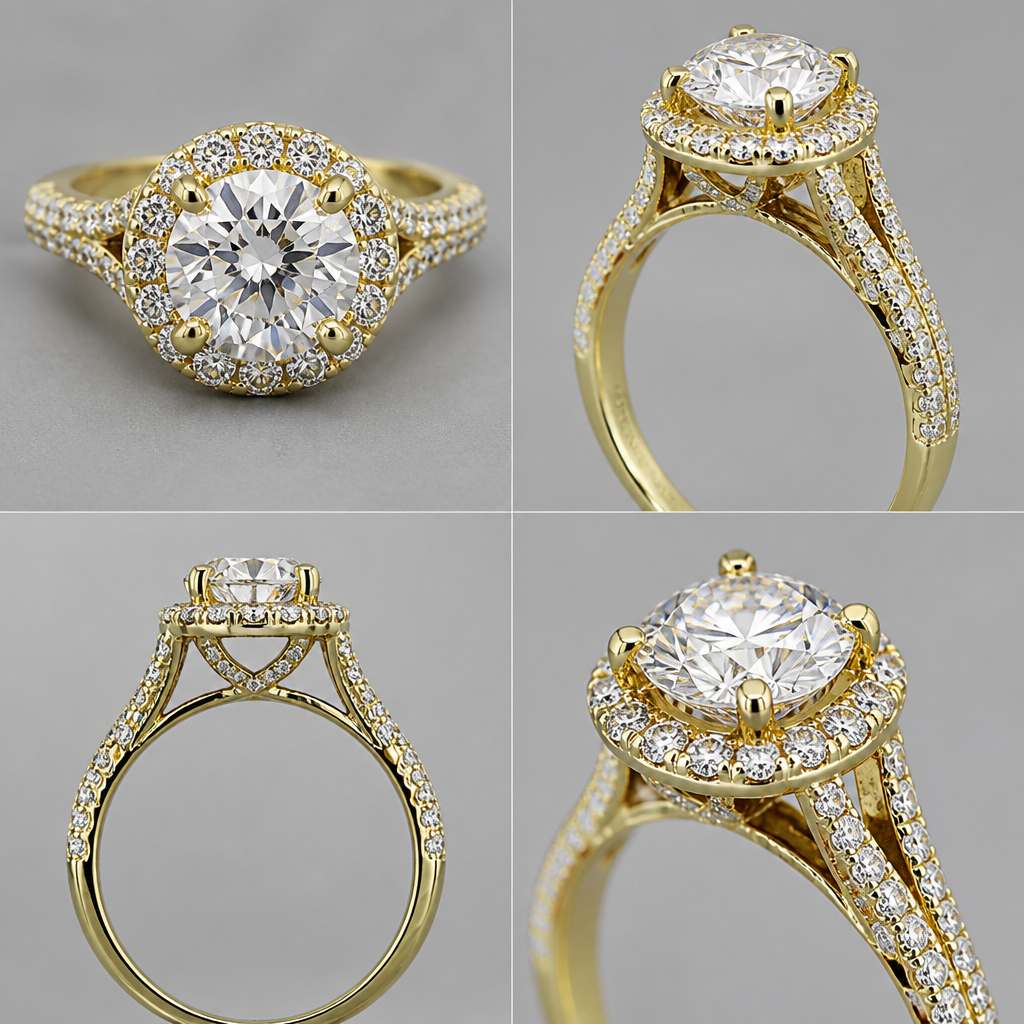 Yellow gold 2 ct center stone round diamond cathedral halo design with 1 ct surrounding pave accented arches
photorealistic jewelry design, Yellow gold 2 ct center stone round diamond cathedral halo design with 1 ct surrounding pave accented arches , bespoke style, just the design no text