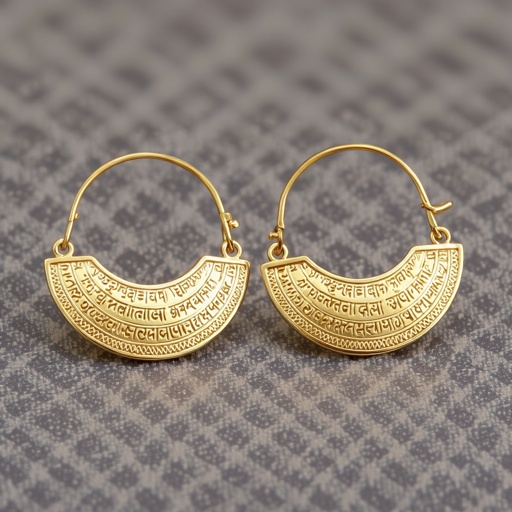 Серьги золотые в форме полукруга, полукруг как продолжение застежки с мантрами на санскрите