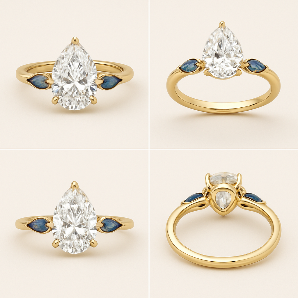 2 carat pear cut diamond engagement ring set in yellow gold with marquise shaped alexandrite side stones full design from all angles