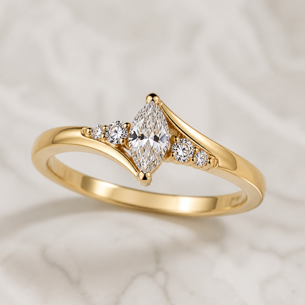 A women's ring made of gold with diamond stones suitable for wedding. un anillo Márquez con pocas piedras alado
photorealistic jewelry design, A women's ring made of gold with diamond stones suitable for wedding. un anillo Márquez con pocas piedras alado, modern style, just the design no text