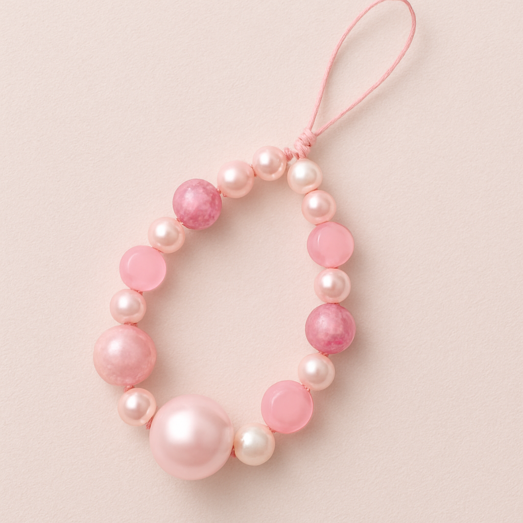 Pink phone charm using small pearls pink galaxies circles one pink big pearl abd one big white pearl abd small circle beads and pink circle beads 