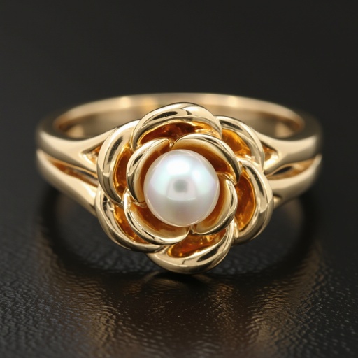 crate a gold ring with e rose and a perl in the midle of the rose