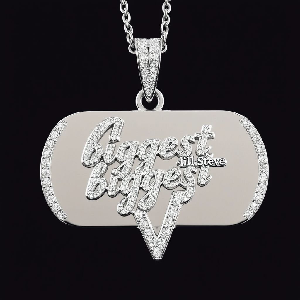 Create a fully iced out Dog tag pendant with the word “one way” at the top and “lil Steve” at the bottom “biggest V” in the middle
