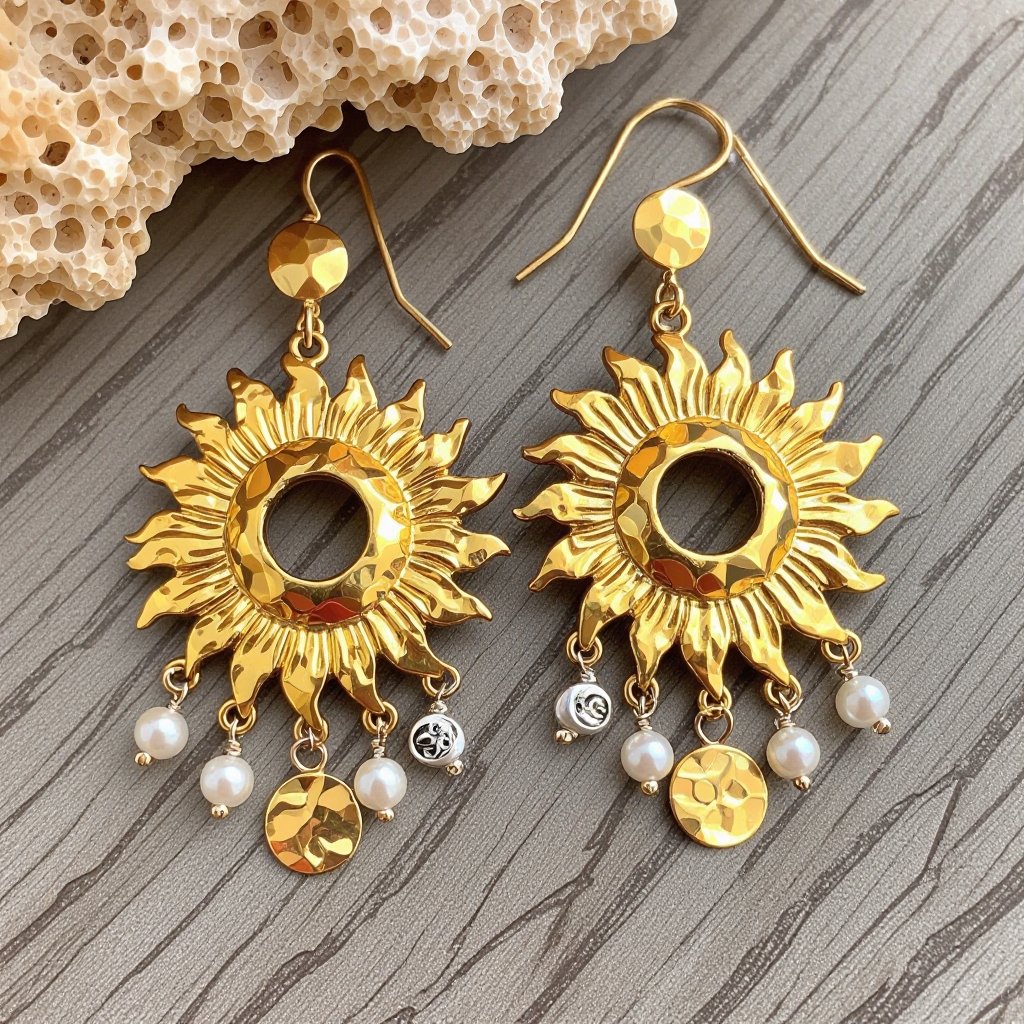 Золотые серьги словно мятое золото в форме горящего солнца с волнистыми лучами, в центре солнца круглая дыра. крепится к застежке серьги. К нижней части солнца крепятся подвески: миниатюрная серебристая луна, очень маленький жемчуг и маленький золотой кружочек с мятым эффектом плоский