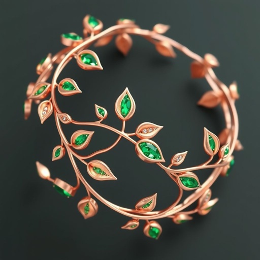 Pink gold leaves shaped with small emeralds on top