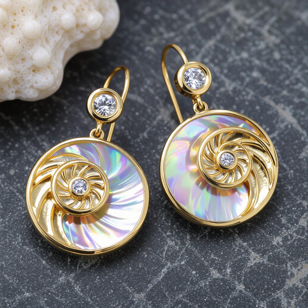 Золотые серьги в виде золотой спиральной ракушки украшенной тремя маленькими камнями 