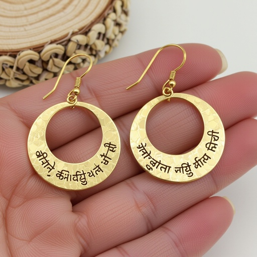 Серьги золотые в форме тонкого изящного полумесяца, полукруг как продолжение застежки, на полукруге надписи мантрами на санскрите