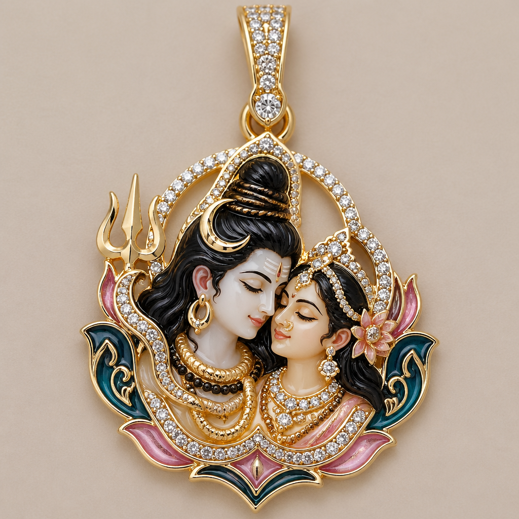 A women's pendant made of gold with diamond stones. shiv parwati diamond studded meenakari pendent
photorealistic jewelry design, A women's pendant made of gold with diamond stones. shiv parwati diamond studded meenakari pendent, modern style, just the design no text