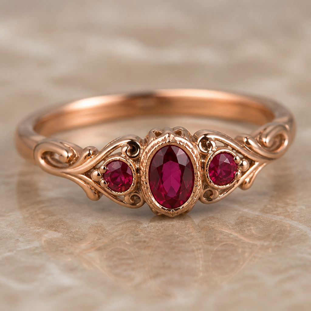 A vintage women's ring made of rose gold with ruby stones suitable for daily wear
photorealistic jewelry design, A vintage women's ring made of rose gold with ruby stones suitable for daily wear, vintage style, just the design no text