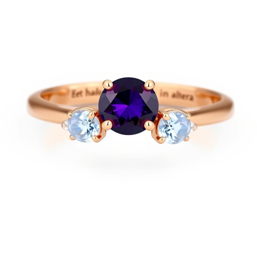A simple, three stone 18 karat rose gold engagement ring set with a circular purple alexandrite. Also set with a small half moon cut blue chalcedony on one side right next to it, and a small half moon cut moonstone set on the other side right next to it. On the inside of the band, it has an inscription reading, “Tuum. Et in hac vita et in altera.”