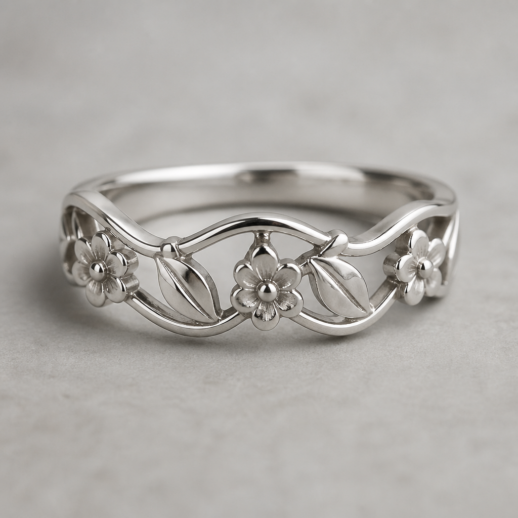 A women's ring, detailed and decorative, moderately ornate. Creame un anillo ondulado pero no tan ondulado con tres flor era de 5 petalos algo pequeños con una bolita adentro las flores estaba separados tenia un patron de flor una hoja apuntando para ariba y despues una hoja apuntando para abajo despues una flor asi sucesivamente pero las hojas eran algo puntiagudas pero no tanto y tenia como una cortada en medio todo era de plata
photorealistic jewelry design, A women's ring, detailed and decorative, moderately ornate. Creame un anillo ondulado pero no tan ondulado con tres flor era de 5 petalos algo pequeños con una bolita adentro las flores estaba separados tenia un patron de flor una hoja apuntando para ariba y despues una hoja apuntando para abajo despues una flor asi sucesivamente pero las hojas eran algo puntiagudas pero no tanto y tenia como una cortada en medio todo era de plata, modern style, just the design no text