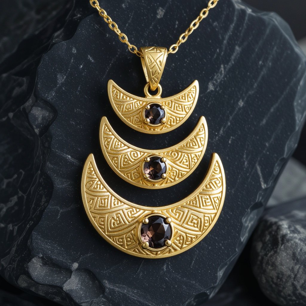 Подвеска из трех полумесяцев с узорами и камнями раухтопаза из матового неровного светлого золота с узорами соединенных цепочкой сверху самый широкий полукруг дальше средний и снизу самый маленький