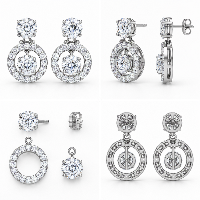A women's earrings. ตามแบบที่แนบไป สามารถถอดออกเป็นชิ้นๆ ได้, 4 view
using the attached image as a visual reference, create A women's earrings. ตามแบบที่แนบไป สามารถถอดออกเป็นชิ้นๆ ได้, 4 view. photorealistic, just the design no text