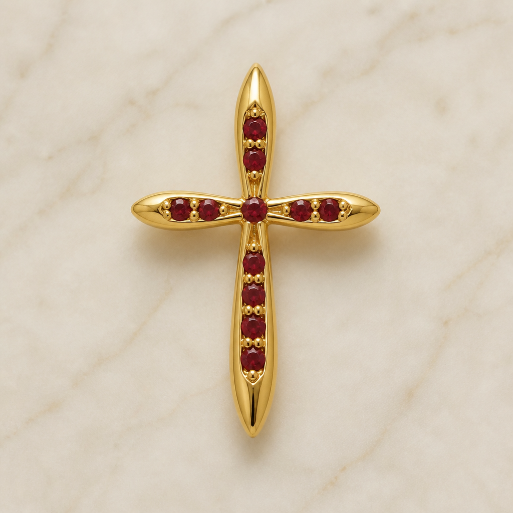Dainty and feminine Gold cross with rubies, majority gold . Hidden bail
photorealistic jewelry design, Dainty and feminine Gold cross with rubies, majority gold . Hidden bail, contemporary style, just the design no text