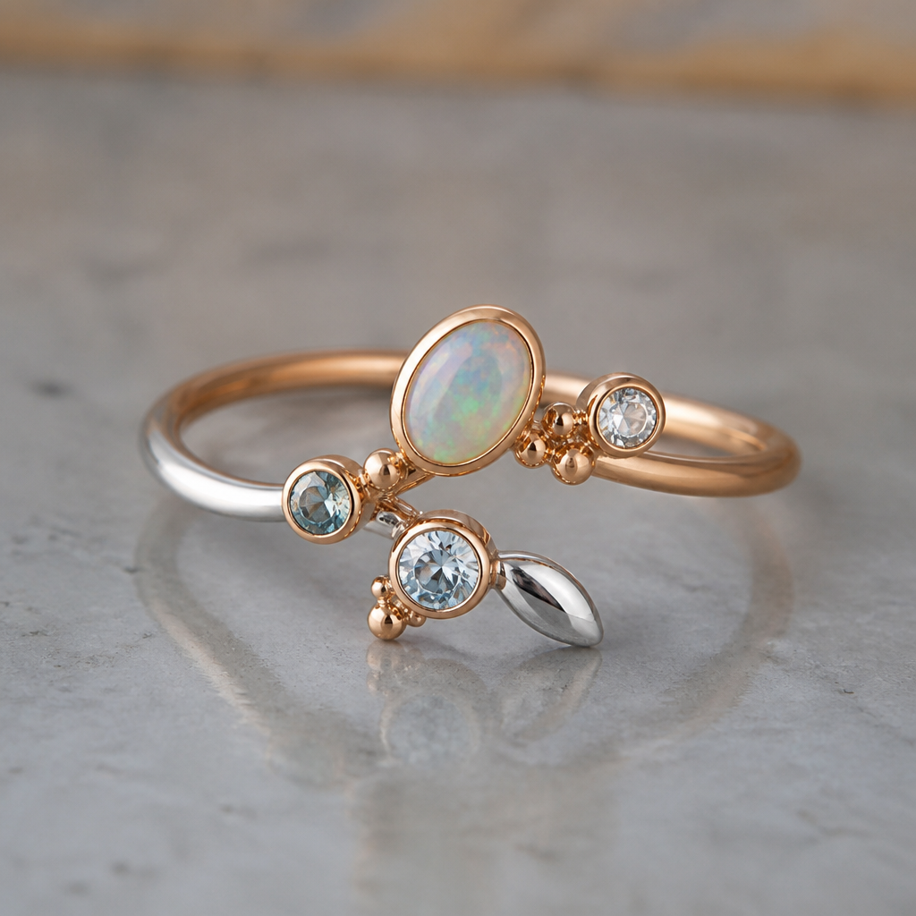 A minimalist women's ring made of mixed metal with opal and topaz and aquamarine stones suitable for festival. A modern women ring with little ornaments of modern motifs.
photorealistic jewelry design, A minimalist women's ring made of mixed metal with opal and topaz and aquamarine stones suitable for festival. A modern women ring with little ornaments of modern motifs., minimalist style, just the design no text