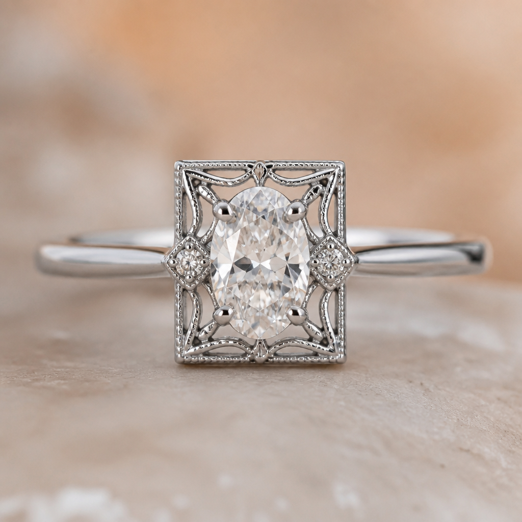 A women's ring made of silver with diamond stones. bague sertie d'un diamant oval, à l'intérieur du carré feminin travaillé et delicat, minimaliste metal fin, style vintage
photorealistic jewelry design, A women's ring made of silver with diamond stones. bague sertie d'un diamant oval, à l'intérieur du carré feminin travaillé et delicat, minimaliste metal fin, style vintage, modern style, just the design no text