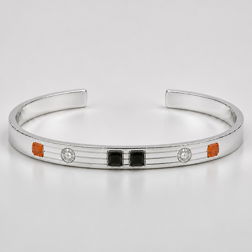 A women's bracelet made of silver. make the gap between clear stone bigger so they become less close without changing the stones sizes
using the attached image as a visual reference, create A women's bracelet made of silver. make the gap between clear stone bigger so they become less close without changing the stones sizes. photorealistic, just the design no text