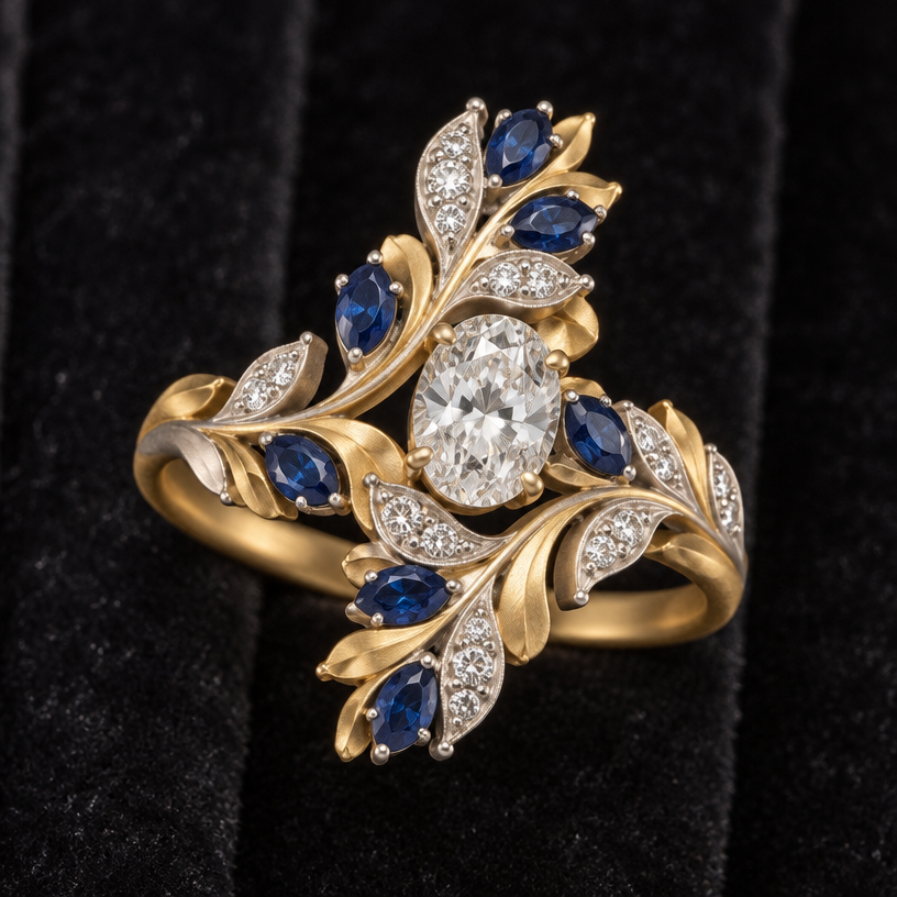 A victorian women's ring with diamond and sapphire stones. use the reference photo for gem size and shape only. do not cluster gems or take inspiration from metal shape. design ring using 33 of the small diamonds, 7 blue sapphires, and one large diamond. mixed metal should be white and yellow gold in matte finish.
using the attached image as a visual reference, create A victorian women's ring with diamond and sapphire stones. use the reference photo for gem size and shape only. do not cluster gems or take inspiration from metal shape. design ring using 33 of the small diamonds, 7 blue sapphires, and one large diamond. mixed metal should be white and yellow gold in matte finish.. photorealistic, just the design no text