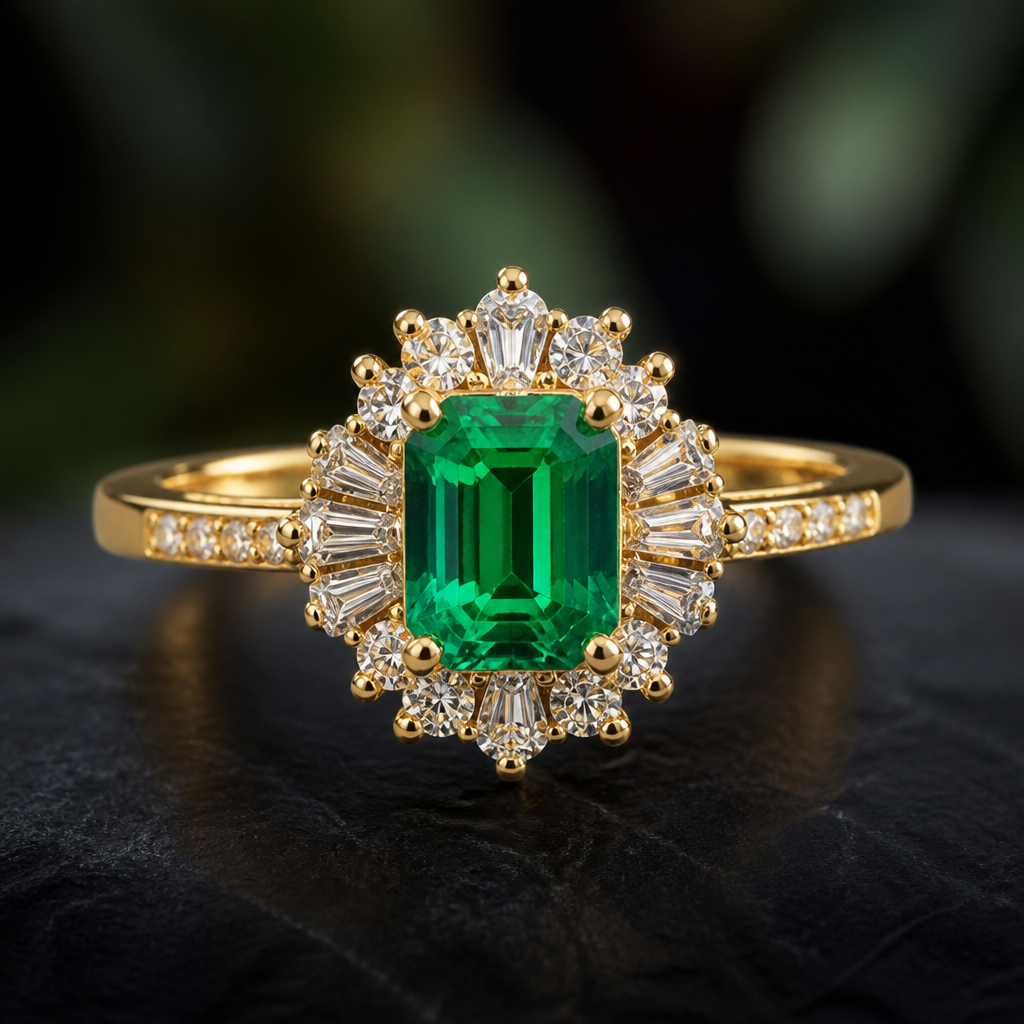 A classic women's ring made of gold with emerald and diamond stones suitable for party
photorealistic jewelry design, A classic women's ring made of gold with emerald and diamond stones suitable for party, classic style, just the design no text