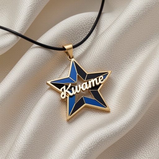 A black and blue star with the name kwame on it written in a skilled way you can’t see the name 