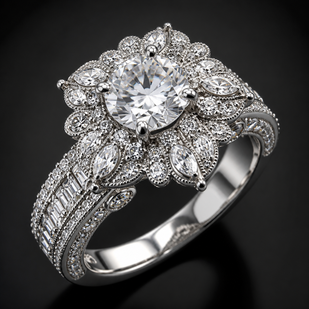 A luxury women's ring made of platinum with diamond stones suitable for formal, highly ornate, intricate and elaborate, richly detailed
photorealistic jewelry design, A luxury women's ring made of platinum with diamond stones suitable for formal, highly ornate, intricate and elaborate, richly detailed, luxury style, just the design no text