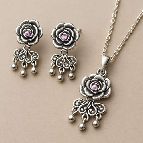 Create an earring with "Eternal Bloom" Necklace: A silver chain with a pendant of a small, stylized rose made from polished silver, with a single dewdrop-like pink cubic zirconia at its center.