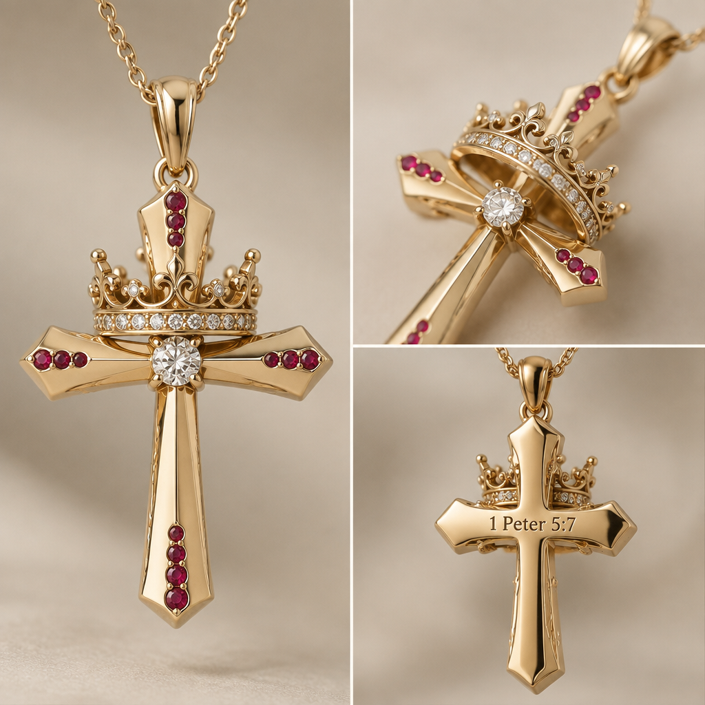 A women's ring. a gold cross necklace with a diamond in the middle and three little rubies in every point in a straight line they are very small, and a moveable gold crown on the cross with the words he is with you in the crown ant it it should be a kings crown and little diamonds all around and it can spin all around the cross. on the backof the cross is a ingravemet the Bible verse 1 Peter 5:7
photorealistic jewelry design, A women's ring. a gold cross necklace with a diamond in the middle and three little rubies in every point in a straight line they are very small, and a moveable gold crown on the cross with the words he is with you in the crown ant it it should be a kings crown and little diamonds all around and it can spin all around the cross. on the backof the cross is a ingravemet the Bible verse 1 Peter 5:7, modern style, just the design no text