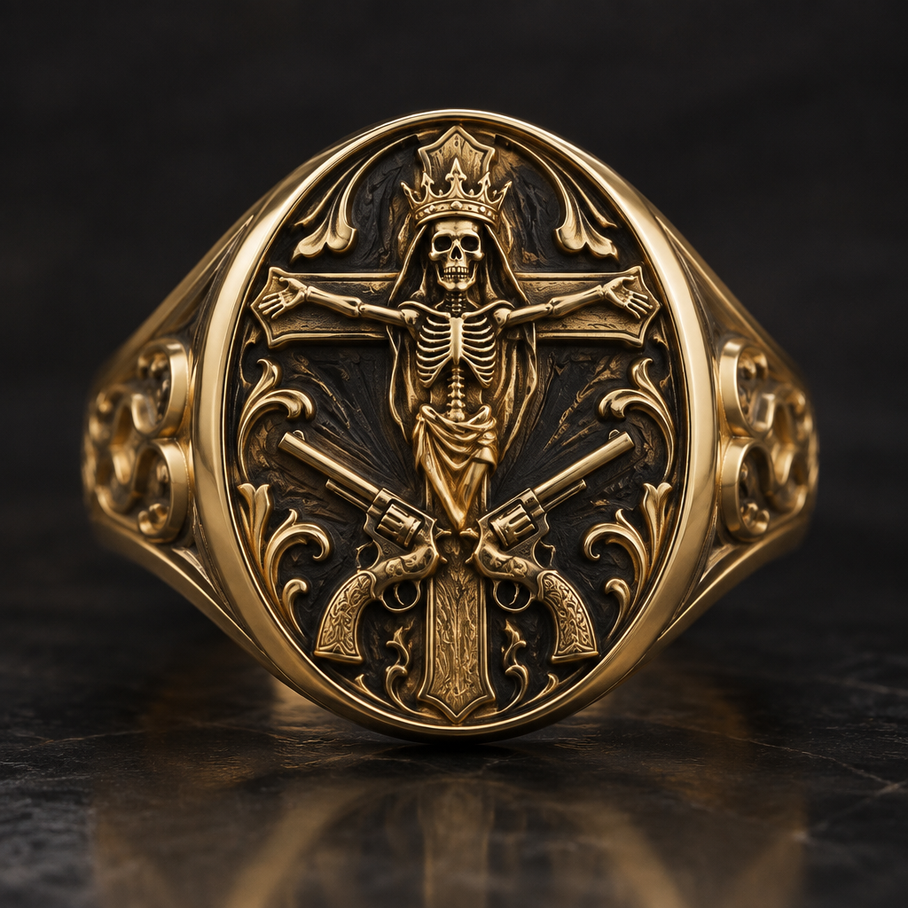 A signet women's ring suitable for formal. a skeleton on a cross with a reaper crown and pistols crossing
photorealistic jewelry design, A signet women's ring suitable for formal. a skeleton on a cross with a reaper crown and pistols crossing, signet style, just the design no text
