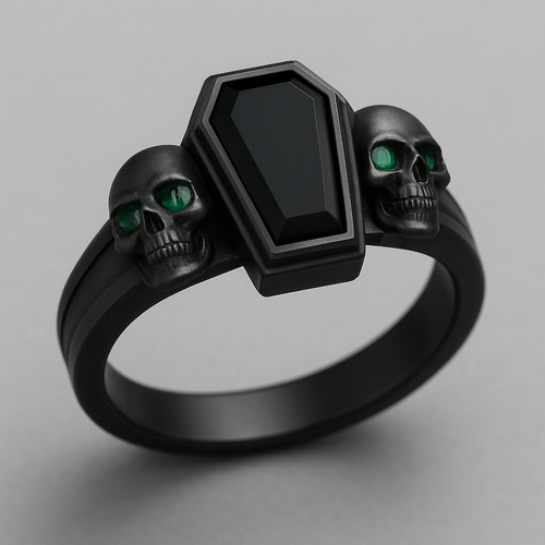 Black band, coffin cut onyx center stone, skull inscribed emeralds 