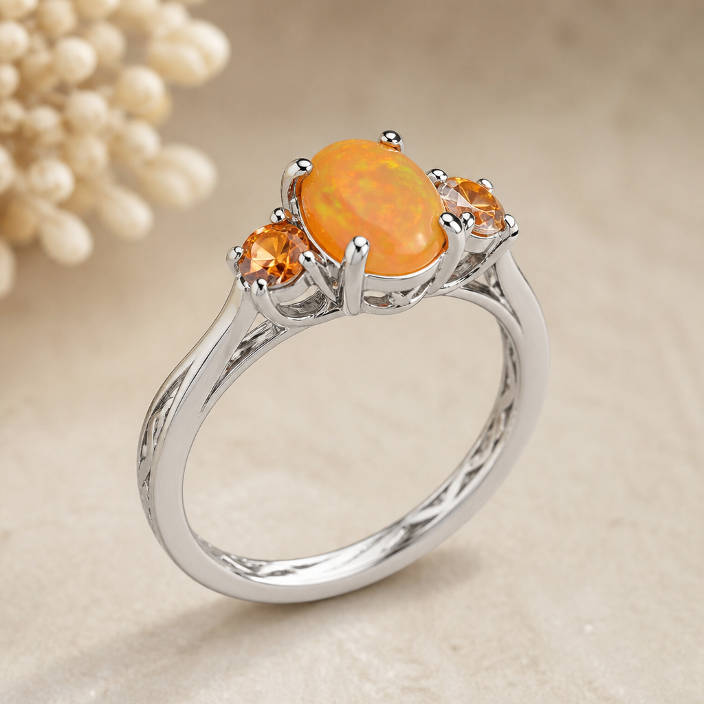 A minimalist women's ring made of white gold with topaz and opal stones suitable for daily wear. fire opal with orange topaz accents. claw setting with flair under. engraved
photorealistic jewelry design, A minimalist women's ring made of white gold with topaz and opal stones suitable for daily wear. fire opal with orange topaz accents. claw setting with flair under. engraved, minimalist style, just the design no text