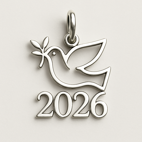 Silver minimal cut-out abstract charm blending together the pigeon of peace hold an olive branch along the year 2026