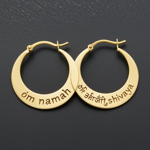 Золотые матовые серьги полукруг. На полукруге надпись изящным шрифтом om namah shivaya